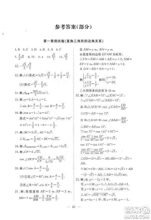 江西教育出版社2020能力形成同步测试卷九年级数学下册北师大版答案