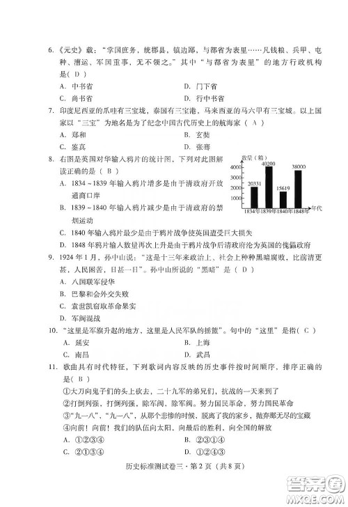 优佳学案2020云南省初中学业水平考试标准测试卷历史答案