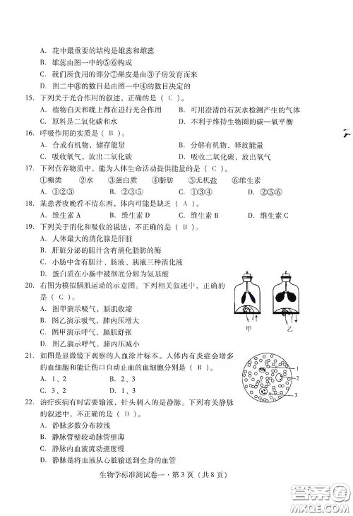 优佳学案2020云南省初中学业水平考试标准测试卷生物学答案 优佳学案2020云南省初中学业水平考试标准测试卷生物学答案