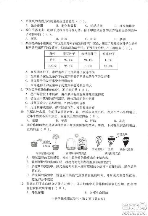 优佳学案2020云南省初中学业水平考试标准测试卷生物学答案 优佳学案2020云南省初中学业水平考试标准测试卷生物学答案