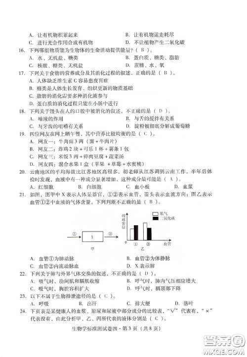 优佳学案2020云南省初中学业水平考试标准测试卷生物学答案 优佳学案2020云南省初中学业水平考试标准测试卷生物学答案