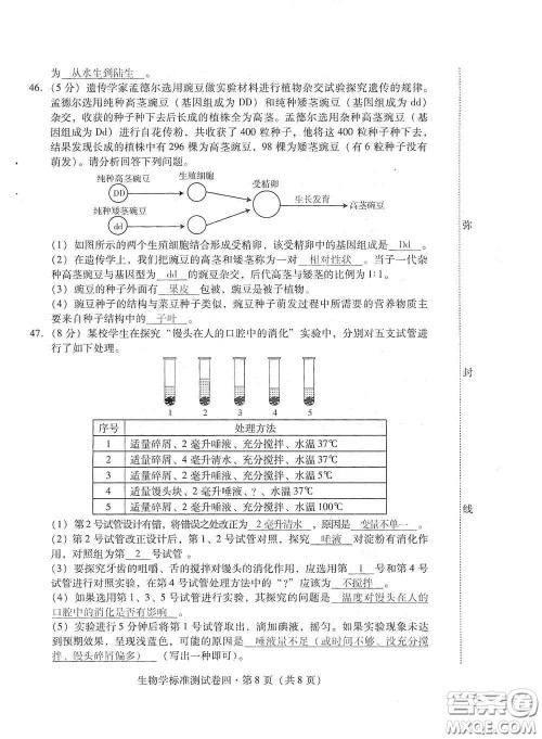 优佳学案2020云南省初中学业水平考试标准测试卷生物学答案 优佳学案2020云南省初中学业水平考试标准测试卷生物学答案
