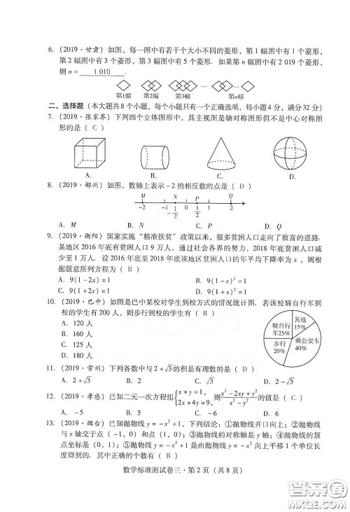 优佳学案2020云南省初中学业水平考试标准测试卷数学答案