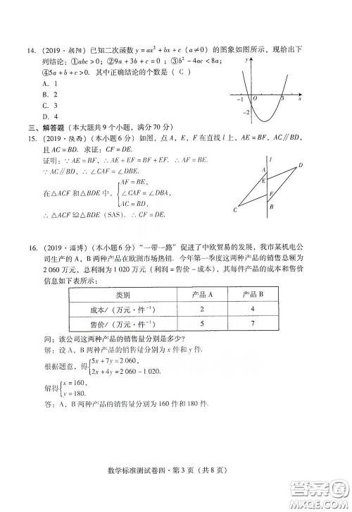 优佳学案2020云南省初中学业水平考试标准测试卷数学答案