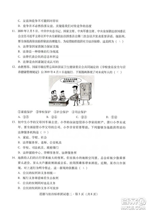 优佳学案2020云南省初中学业水平考试标准测试卷道德与法治答案