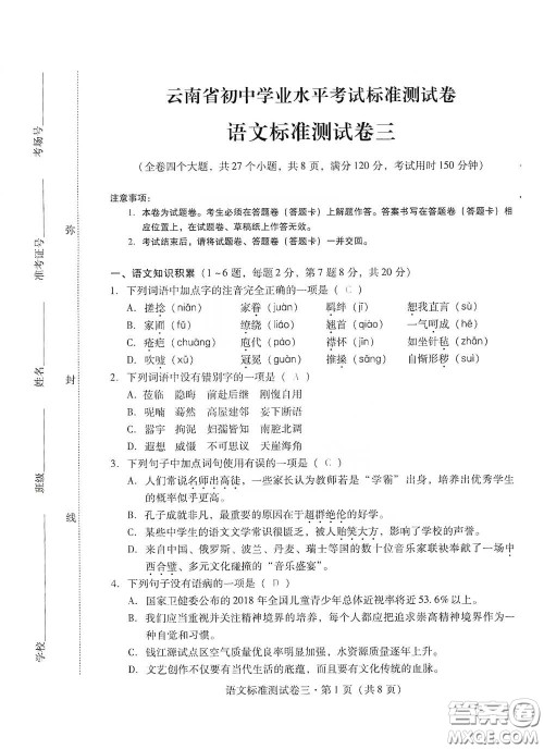 优佳学案2020云南省初中学业水平考试标准测试卷语文答案