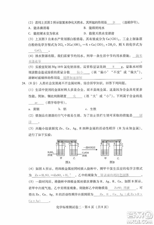 优佳学案2020云南省初中学业水平考试标准测试卷化学答案