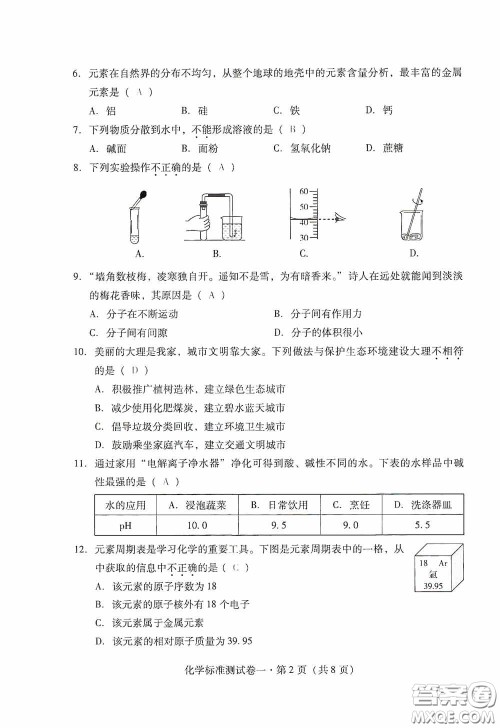 优佳学案2020云南省初中学业水平考试标准测试卷化学答案