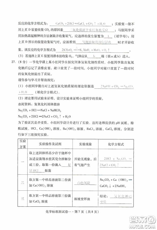 优佳学案2020云南省初中学业水平考试标准测试卷化学答案