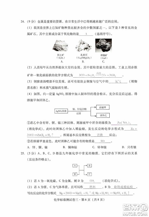 优佳学案2020云南省初中学业水平考试标准测试卷化学答案