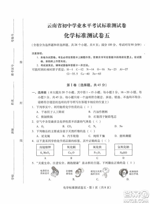 优佳学案2020云南省初中学业水平考试标准测试卷化学答案