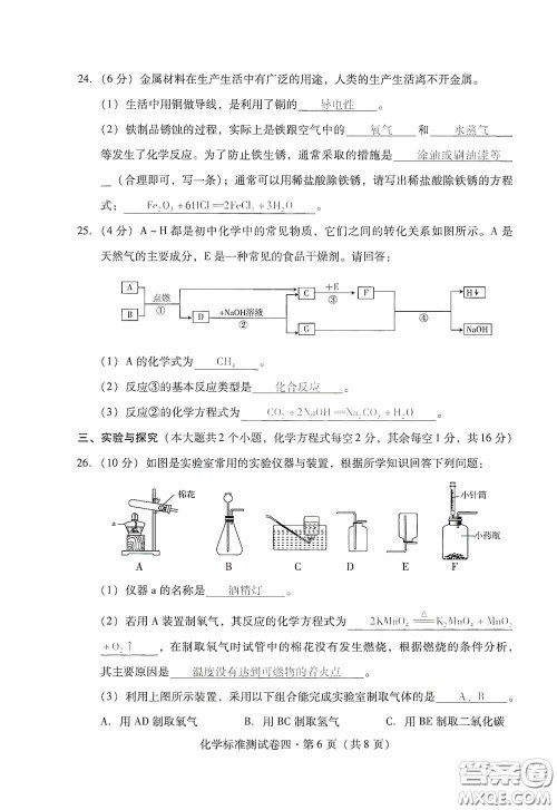 优佳学案2020云南省初中学业水平考试标准测试卷化学答案