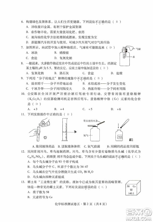 优佳学案2020云南省初中学业水平考试标准测试卷化学答案