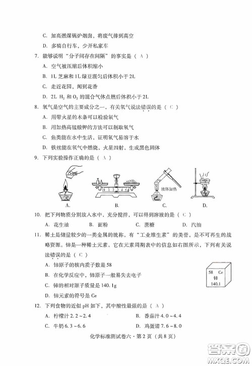 优佳学案2020云南省初中学业水平考试标准测试卷化学答案