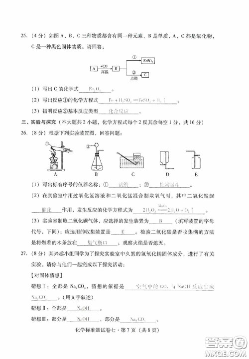优佳学案2020云南省初中学业水平考试标准测试卷化学答案