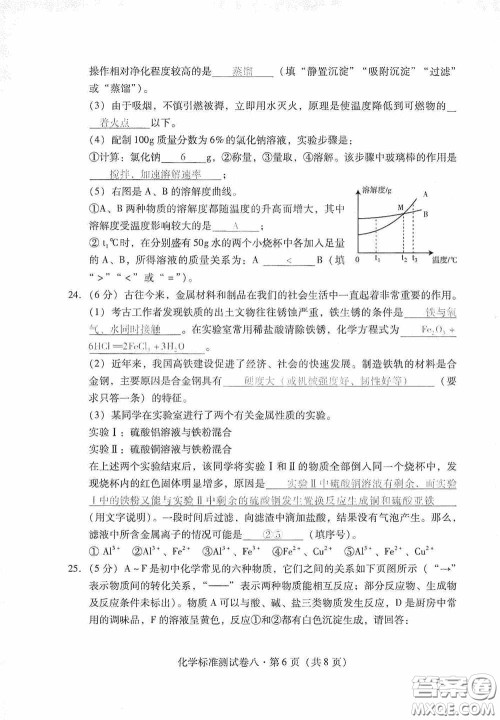 优佳学案2020云南省初中学业水平考试标准测试卷化学答案