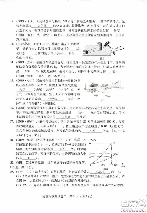 优佳学案2020云南省初中学业水平考试标准测试卷物理答案