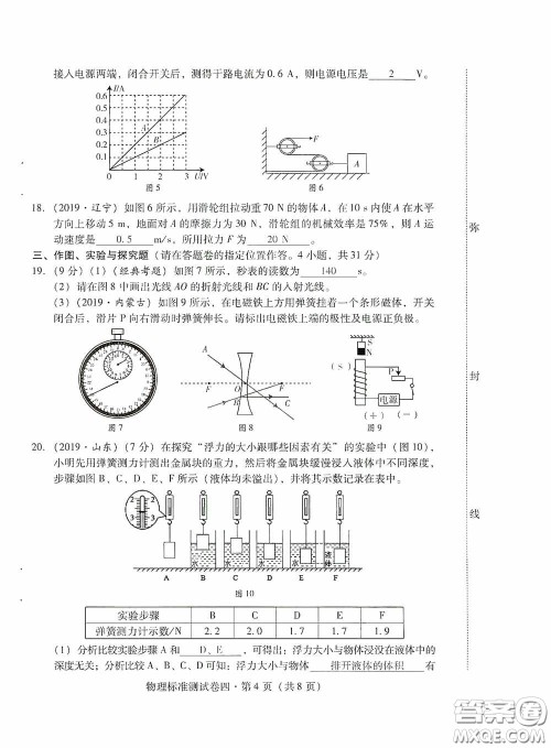 优佳学案2020云南省初中学业水平考试标准测试卷物理答案 优佳学案2020云南省初中学业水平考试标准测试卷物理答案