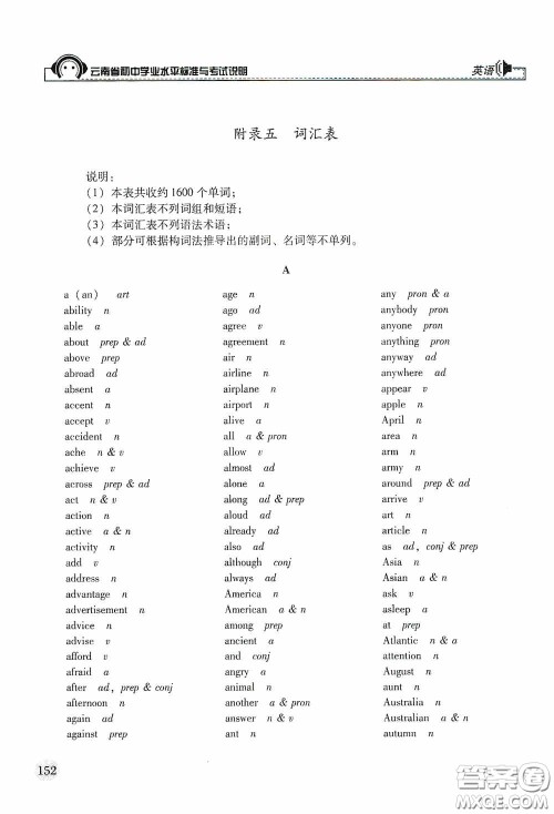 云南美术出版社2020云南省初中学业水平标准与考试说明英语答案 云南美术出版社2020云南省初中学业水平标准与考试说明英语答案