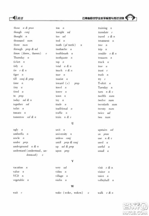 云南美术出版社2020云南省初中学业水平标准与考试说明英语答案