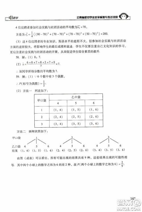 云南美术出版社2020云南省初中学业水平标准与考试说明数学答案 云南美术出版社2020云南省初中学业水平标准与考试说明数学答案
