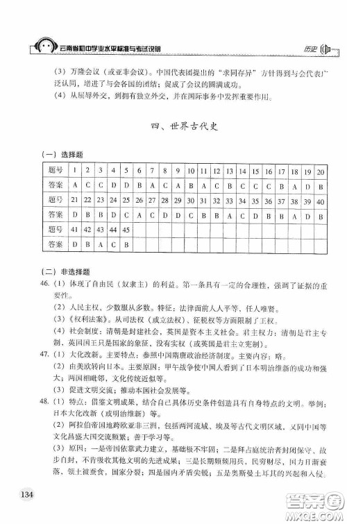 云南美术出版社2020云南省初中学业水平标准与考试说明历史答案