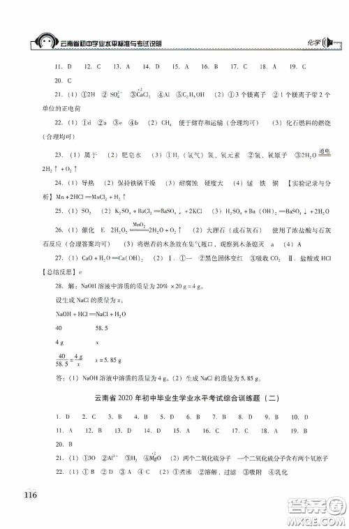 云南美术出版社2020云南省初中学业水平标准与考试说明化学答案