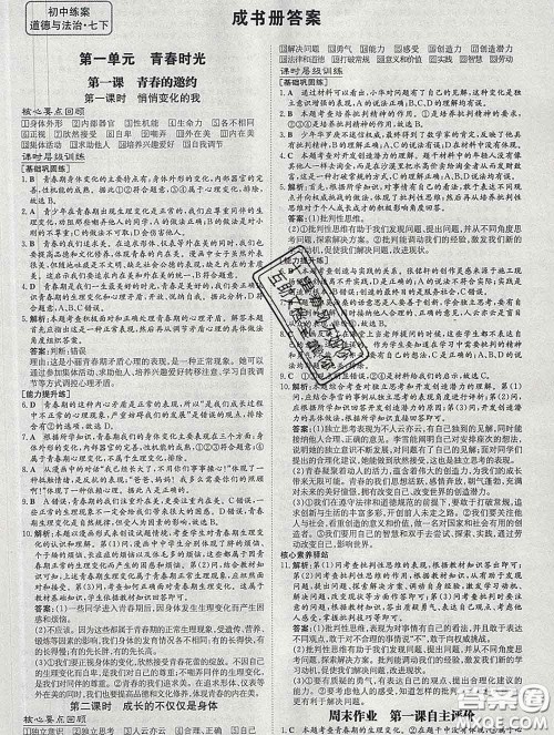 2020新版练案课时作业本七年级道德与法治下册人教版答案