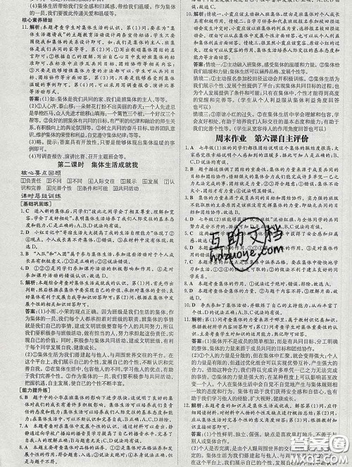 2020新版练案课时作业本七年级道德与法治下册人教版答案