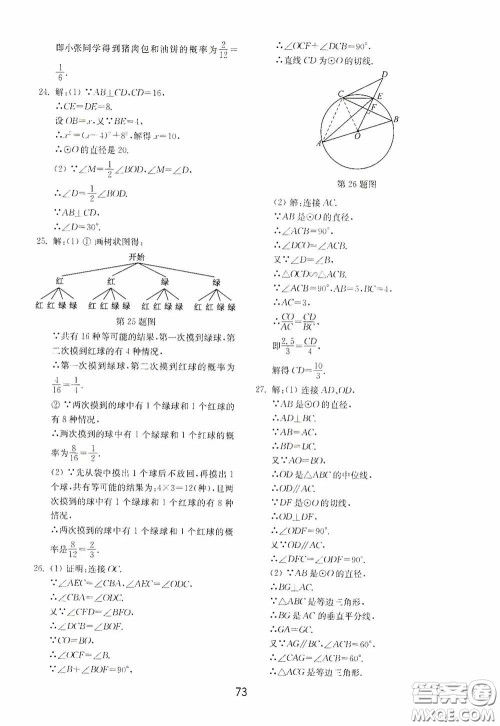 山东教育出版社2020初中基础训练九年级数学下册54学制答案