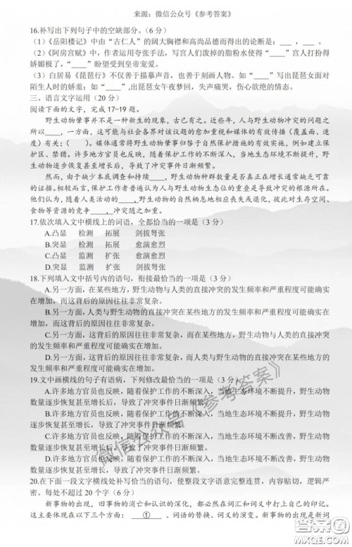 南充市2020届高三第二次高考适应性考试语文试题及答案 南充市2020届高三第二次高考适应性考试语文试题及答案