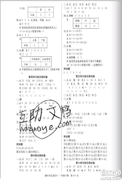 湖北科学技术出版社2020新版课时夺冠一年级数学下册人教版答案 湖北科学技术出版社2020新版课时夺冠一年级数学下册人教版答案