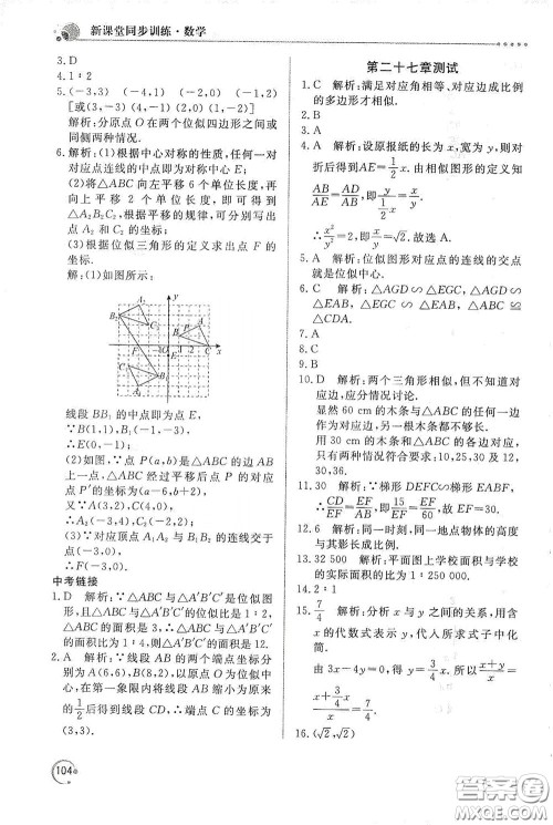 北京教育出版社2020新课堂同步训练九年级数学下册人民教育版答案