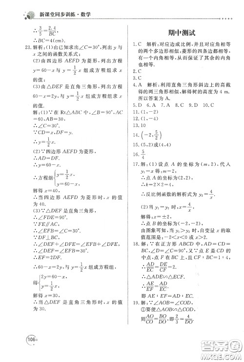 北京教育出版社2020新课堂同步训练九年级数学下册人民教育版答案