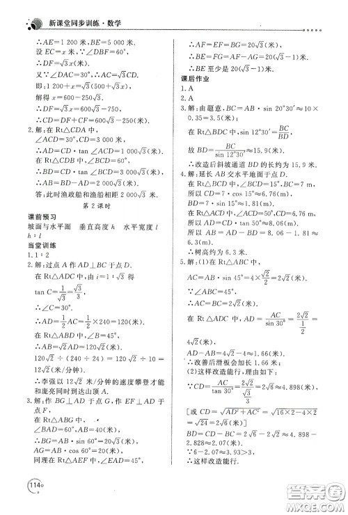 北京教育出版社2020新课堂同步训练九年级数学下册人民教育版答案