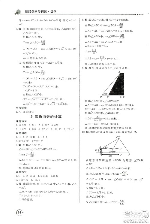 北京教育出版社2020新课堂同步训练九年级数学下册北师大版答案