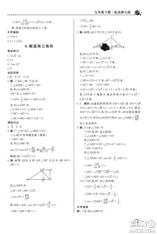 北京教育出版社2020新课堂同步训练九年级数学下册北师大版答案