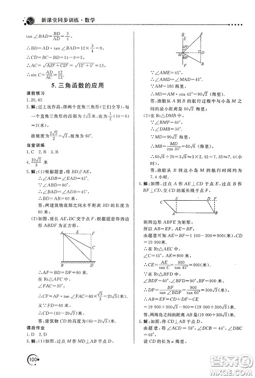 北京教育出版社2020新课堂同步训练九年级数学下册北师大版答案