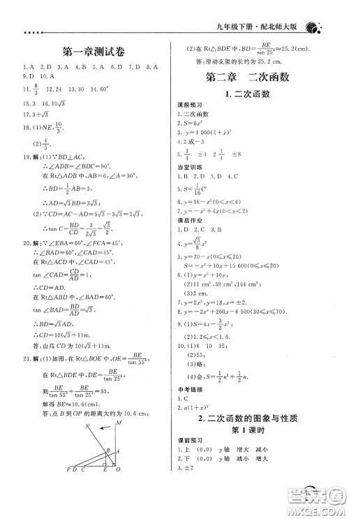 北京教育出版社2020新课堂同步训练九年级数学下册北师大版答案