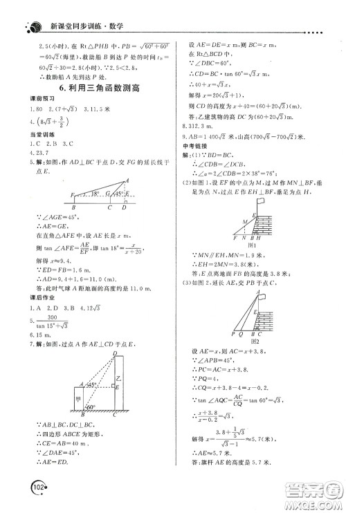 北京教育出版社2020新课堂同步训练九年级数学下册北师大版答案