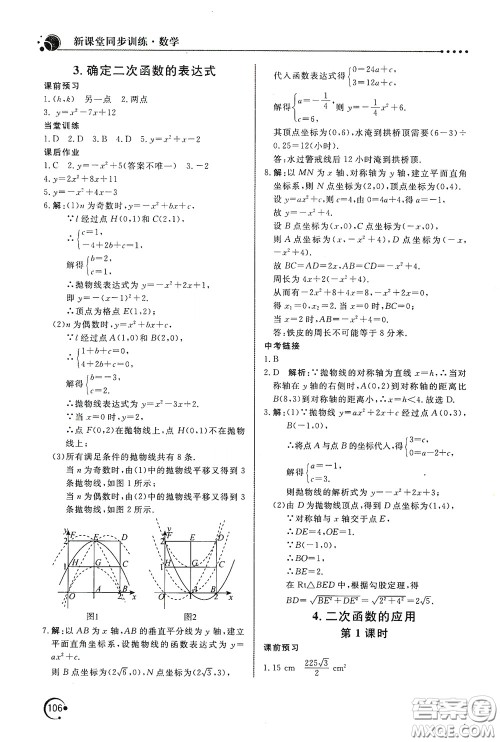 北京教育出版社2020新课堂同步训练九年级数学下册北师大版答案