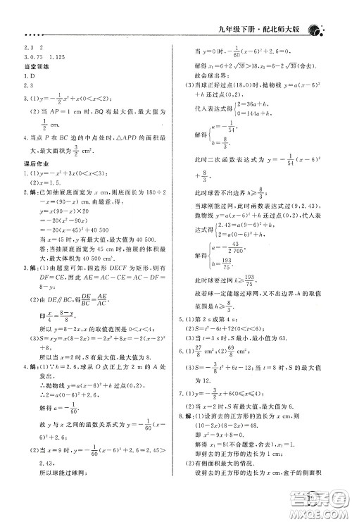 北京教育出版社2020新课堂同步训练九年级数学下册北师大版答案