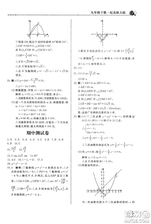 北京教育出版社2020新课堂同步训练九年级数学下册北师大版答案