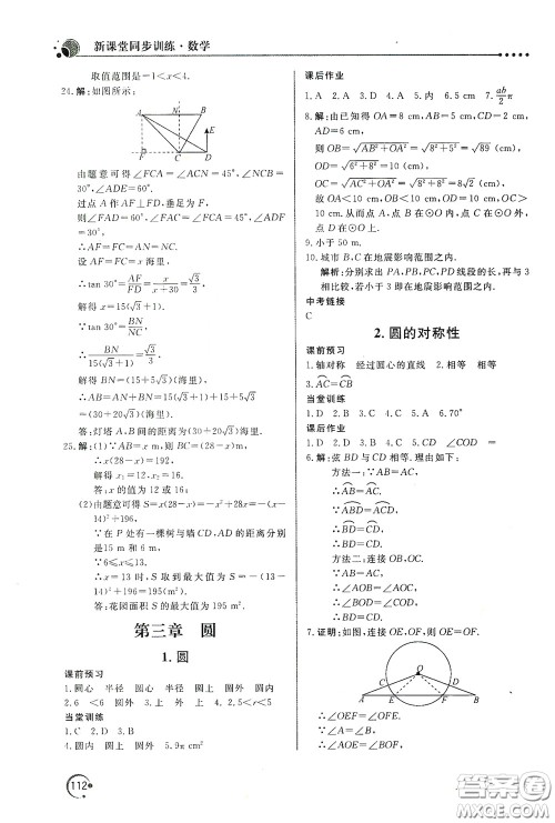 北京教育出版社2020新课堂同步训练九年级数学下册北师大版答案