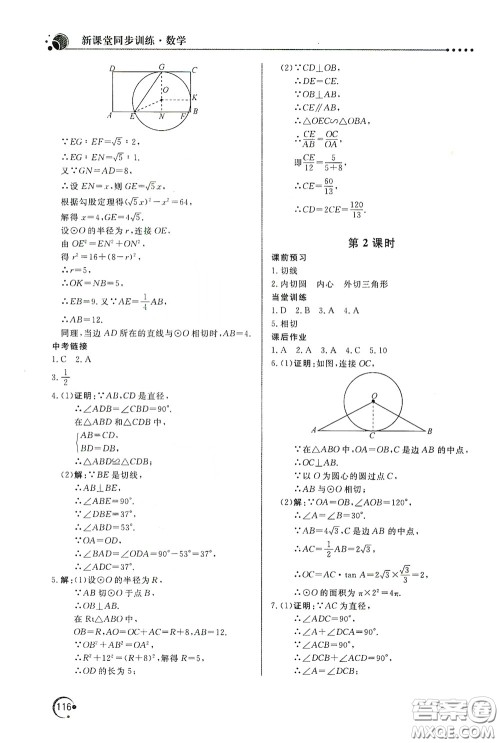 北京教育出版社2020新课堂同步训练九年级数学下册北师大版答案