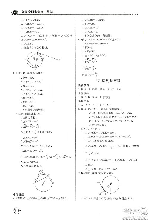 北京教育出版社2020新课堂同步训练九年级数学下册北师大版答案