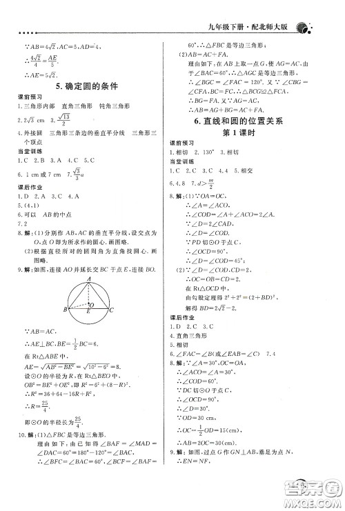 北京教育出版社2020新课堂同步训练九年级数学下册北师大版答案