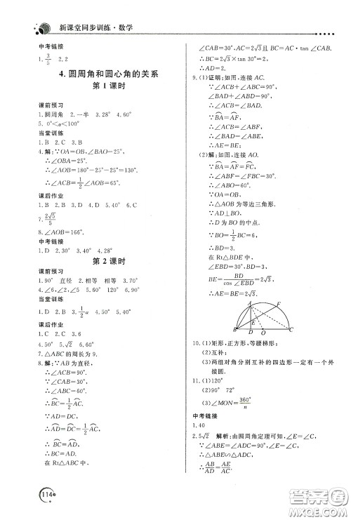 北京教育出版社2020新课堂同步训练九年级数学下册北师大版答案