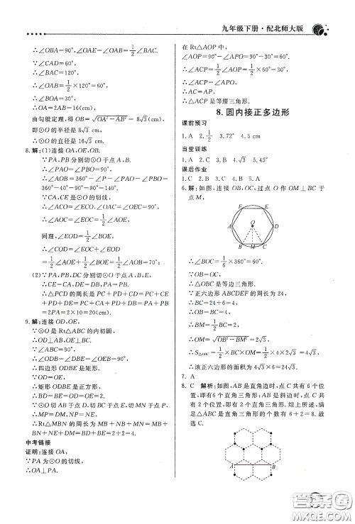 北京教育出版社2020新课堂同步训练九年级数学下册北师大版答案