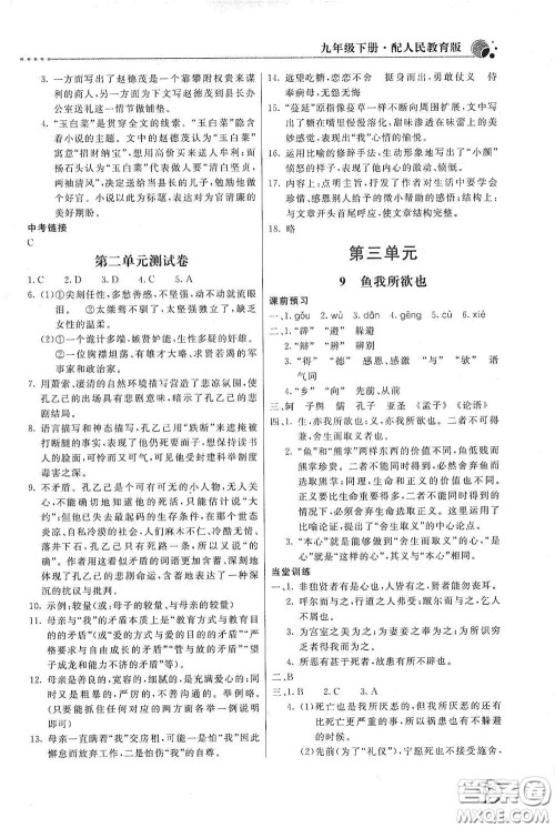 北京教育出版社2020新课堂同步训练九年级语文下册人民教育版答案